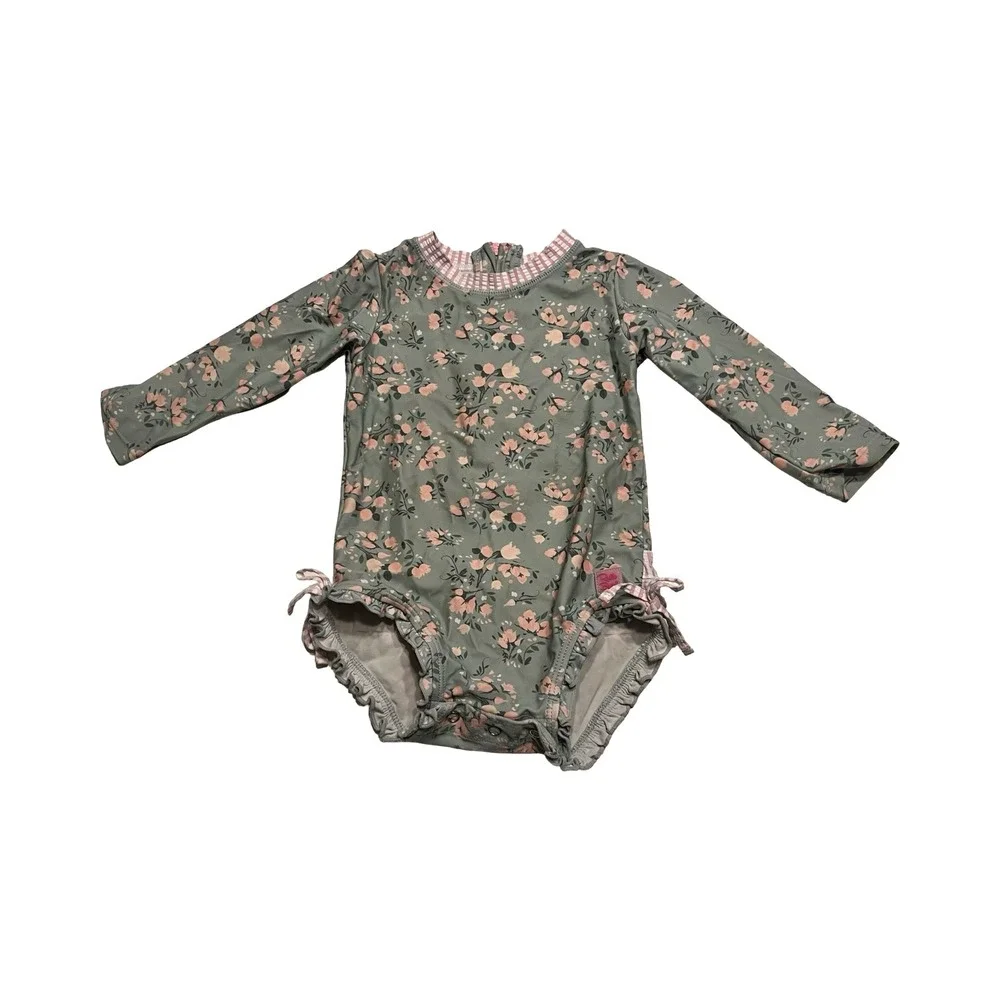 RuffleButts Kids Sage Green Floral Long‎ Sleeve Ruffle One Piece Swimsuit 18-24M